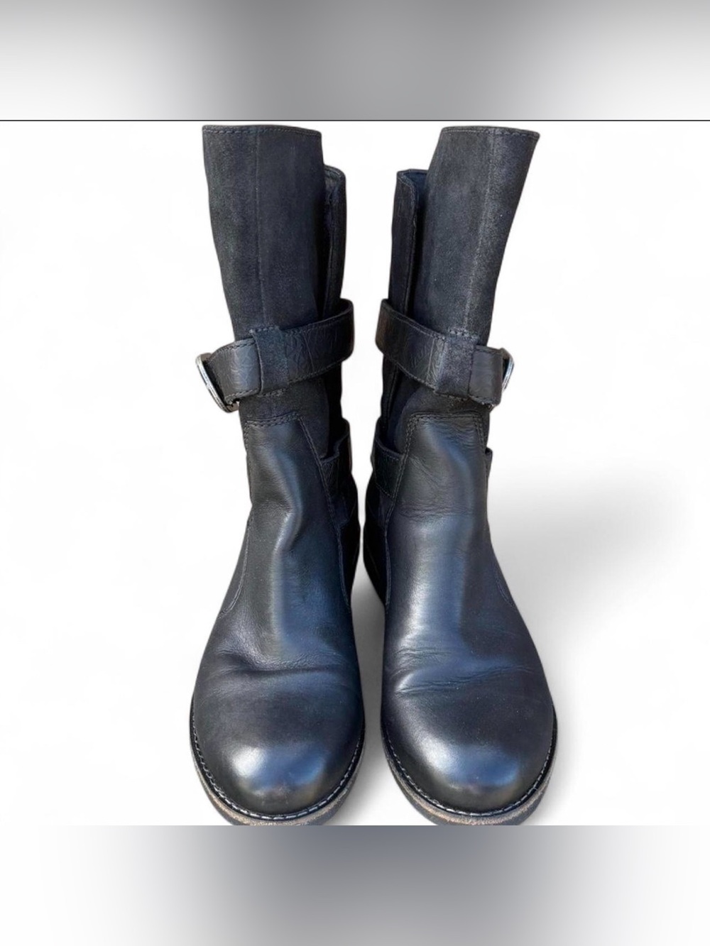 Emu Ainslie black leather buckle strap moto combat boots women's 6